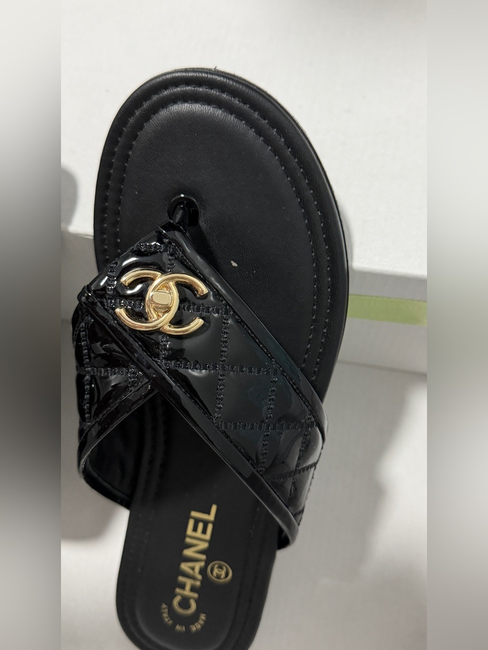 CHANEL Black Quilted Patent Leather Slide Sandals - Picture 5 of 12